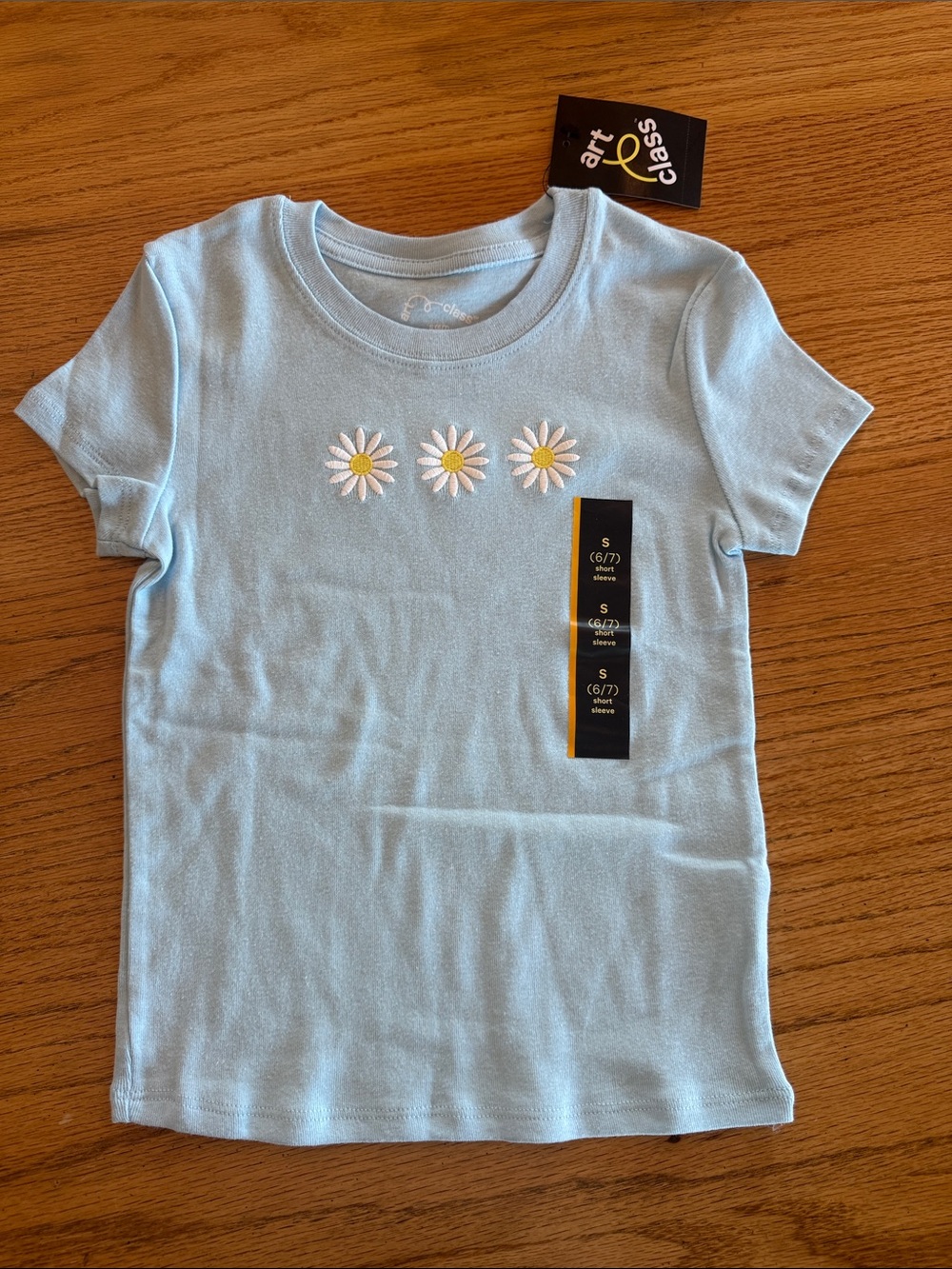 art class Light Blue Tee with Three Daisy Embroidery
